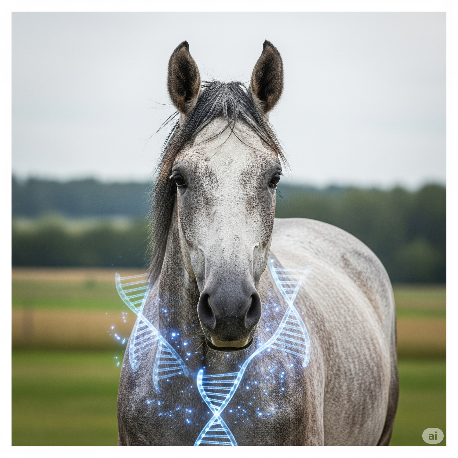 Horse with digital DNA strands superimposed on a natural background